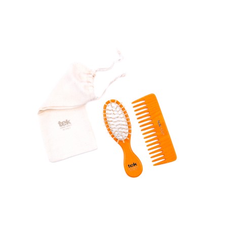 Purse kit: oval orange brush and comb with cotton pouch