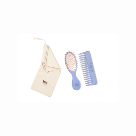 Purse kit: small oval light-blue brush and comb with cotton pouch