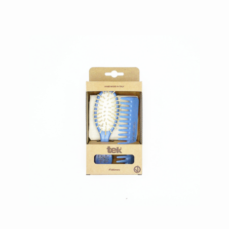 Purse kit: small oval light-blue brush and comb with cotton pouch