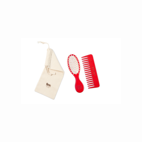 Purse kit: small oval red brush and comb with cotton pouch